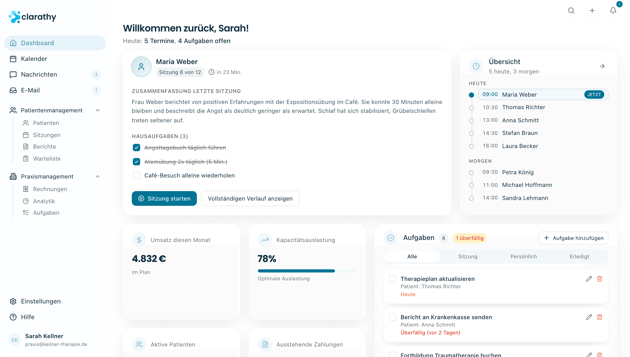 clarathy Praxis-Dashboard: Terminübersicht, Sitzungsdokumentation und Aufgaben auf einen Blick