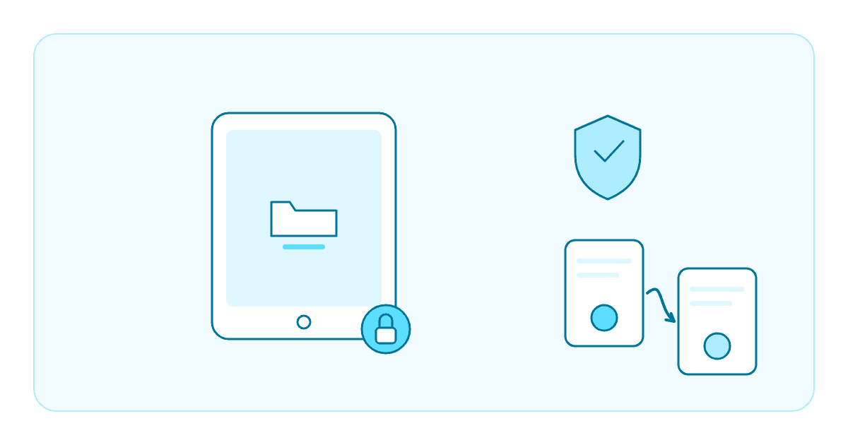 Flache Illustration: ein Tablet mit Aktensymbol und Schloss neben einem Schild und zwei Karten mit Pfeil dazwischen, Sinnbild für GeDIG, ePA und elektronische Überweisung in der Psychotherapiepraxis