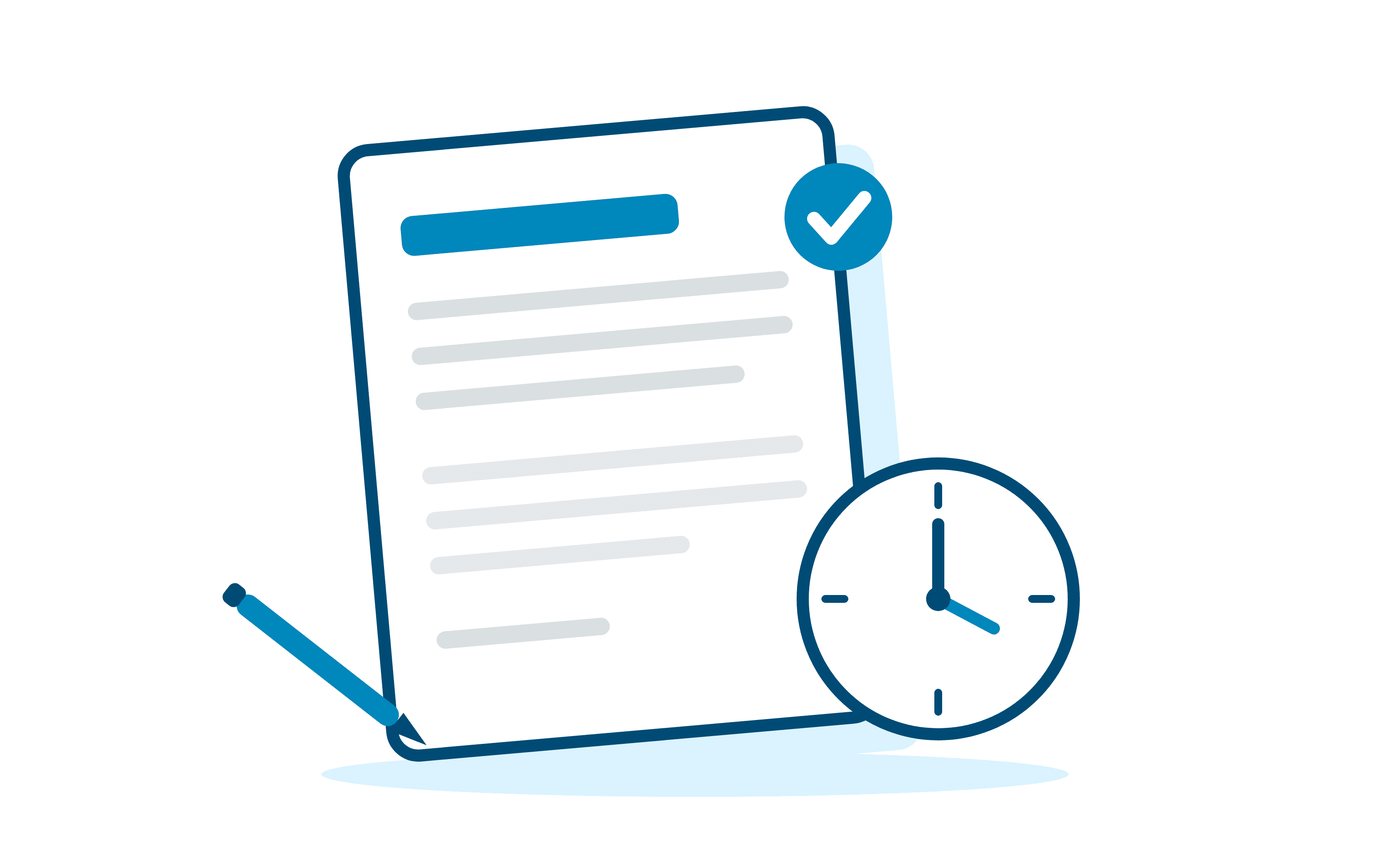 Flache Illustration einer Patientenakte mit Textzeilen, Häkchen-Badge, Uhr und Stift in clarathy-Blau, sinnbildlich für Therapiedokumentation und Zeitaufwand
