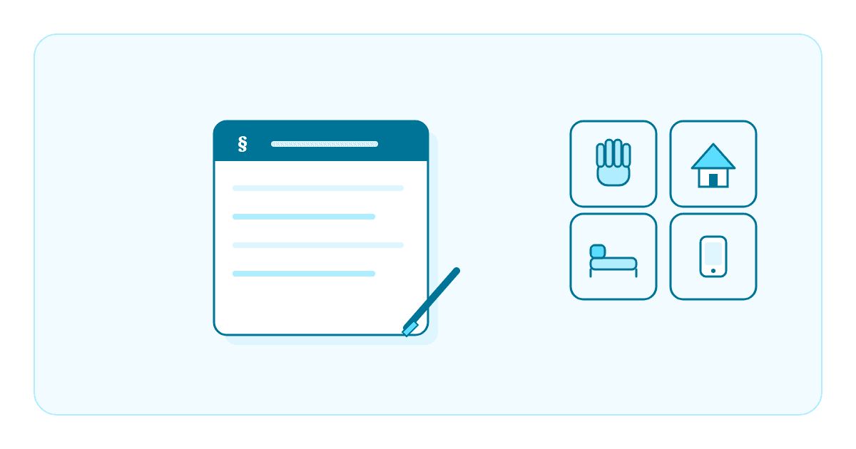 Flache Illustration: ein Verordnungsblock mit Stift neben Symbolen für Ergotherapie, häusliche Pflege, Klinik und digitale Gesundheitsanwendungen, Sinnbild für die Verordnungsmöglichkeiten in Psychotherapiepraxen nach dem KBV-Serviceheft 2026